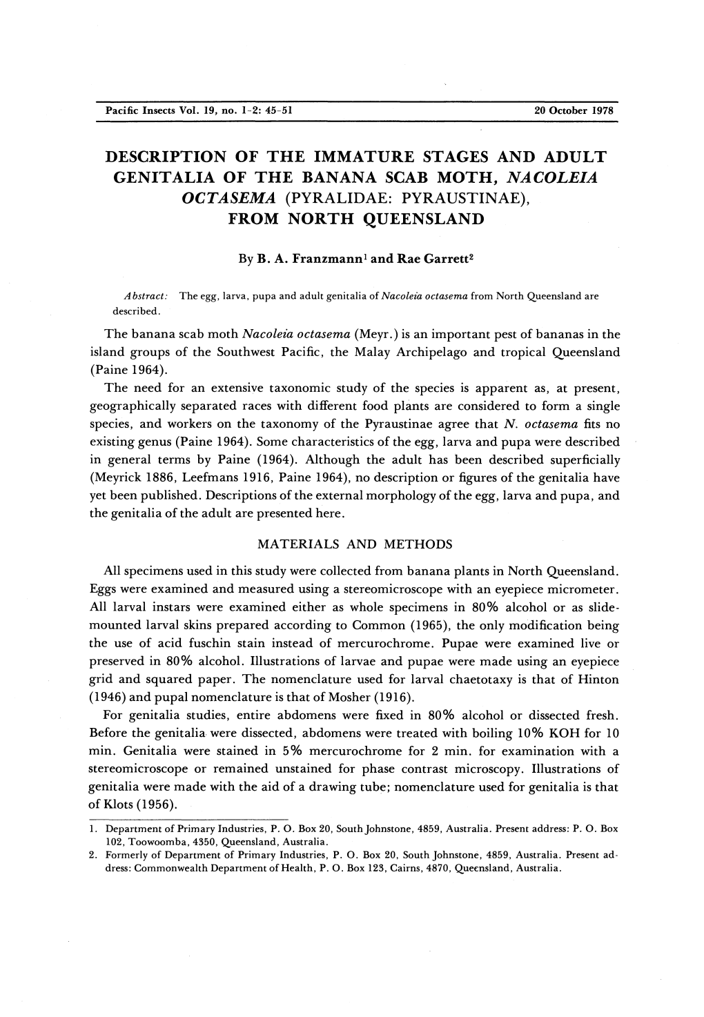 Description of the Immature Stages and Adult Genitalia of the Banana Scab Moth, Nacoleia Octasema (Pyralidae: Pyraustinae), from North Queensland