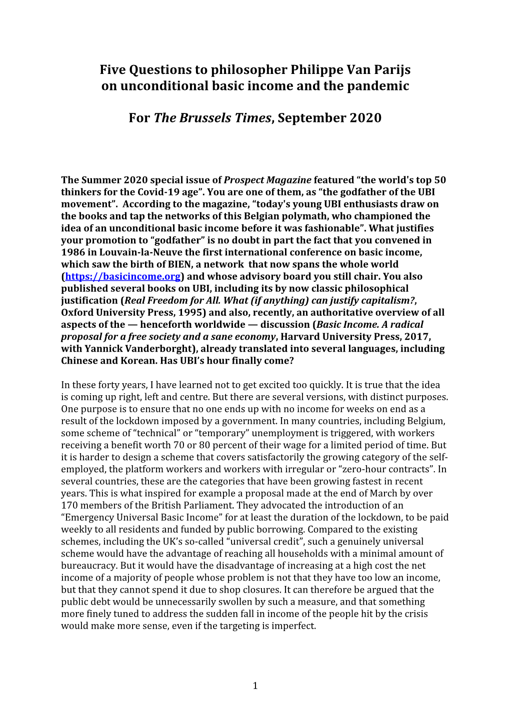 Five Questions to Philosopher Philippe Van Parijs on Unconditional Basic Income and the Pandemic