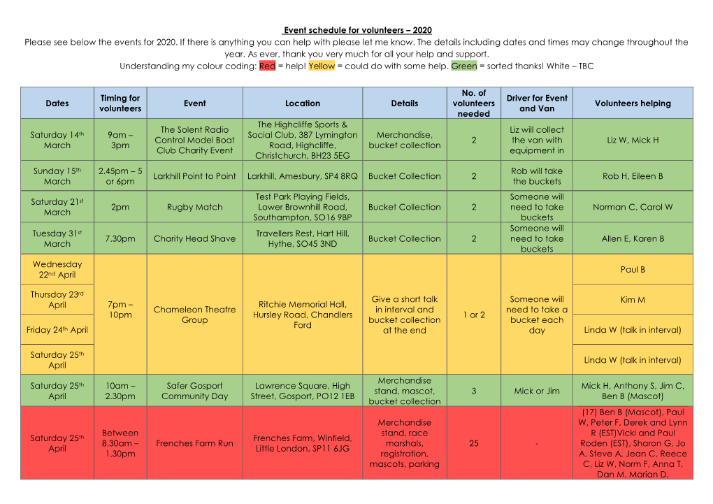 Events Schedule for Volunteers 2020