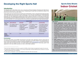 Indoor Cricket Introduction the Following Sports Data Sheets Are for Use in Conjunction with Sport England’S ‘Developing the Right Sports Hall’ (DRSH) Main Document