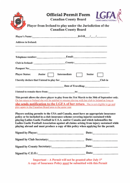 Official Permit Form Canadian County Board ��T Player from Ireland to Play Under the Jurisdiction of the Canadian County Board