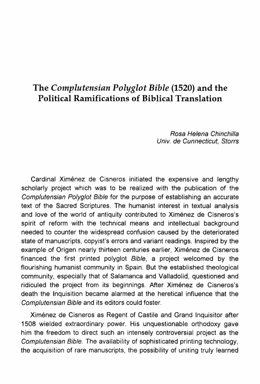 The Complutensian Polyglot Bible (1520) and the Political Ramifications of Biblical Translation