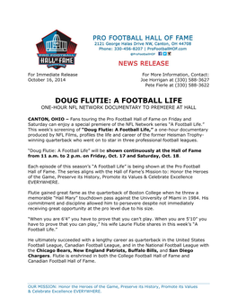 Doug Flutie: a Football Life One-Hour Nfl Network Documentary to Premiere at Hall