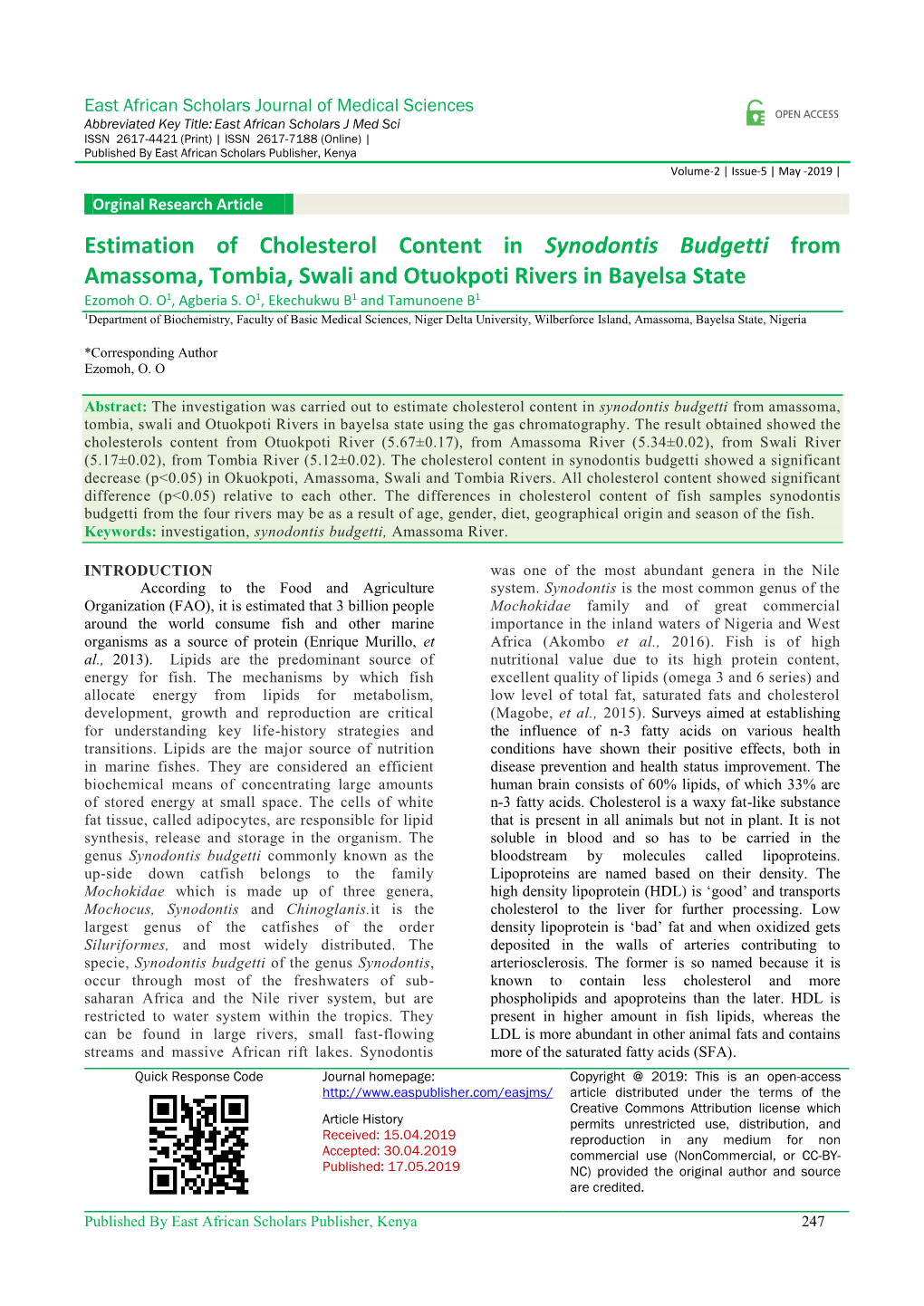 Estimation of Cholesterol Content in Synodontis Budgetti from Amassoma, Tombia, Swali and Otuokpoti Rivers in Bayelsa State Ezomoh O