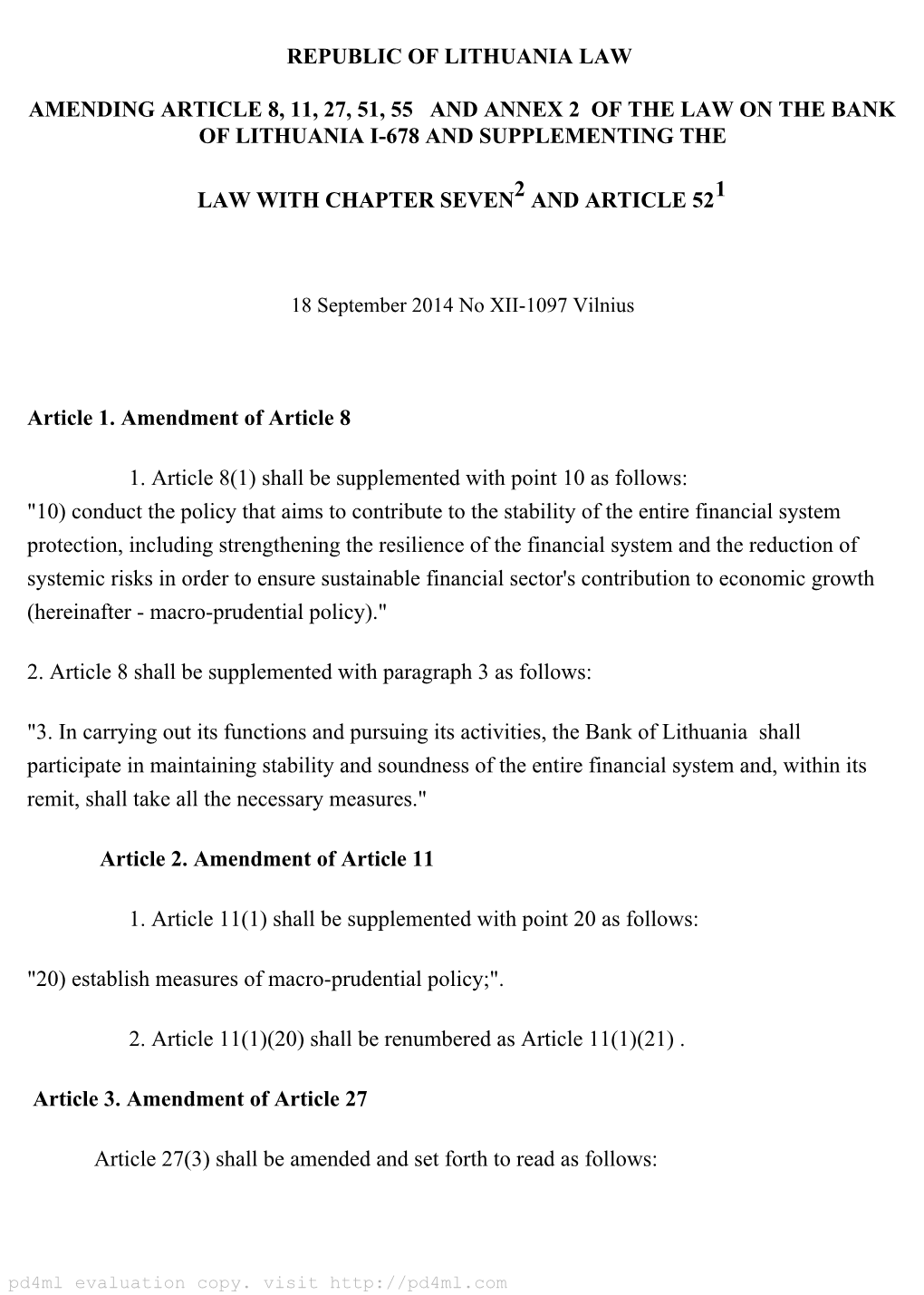 Republic of Lithuania Law Amending Article 8, 11, 27, 51