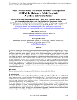ID 536 Need for Resilience Healthcare Facilities Management