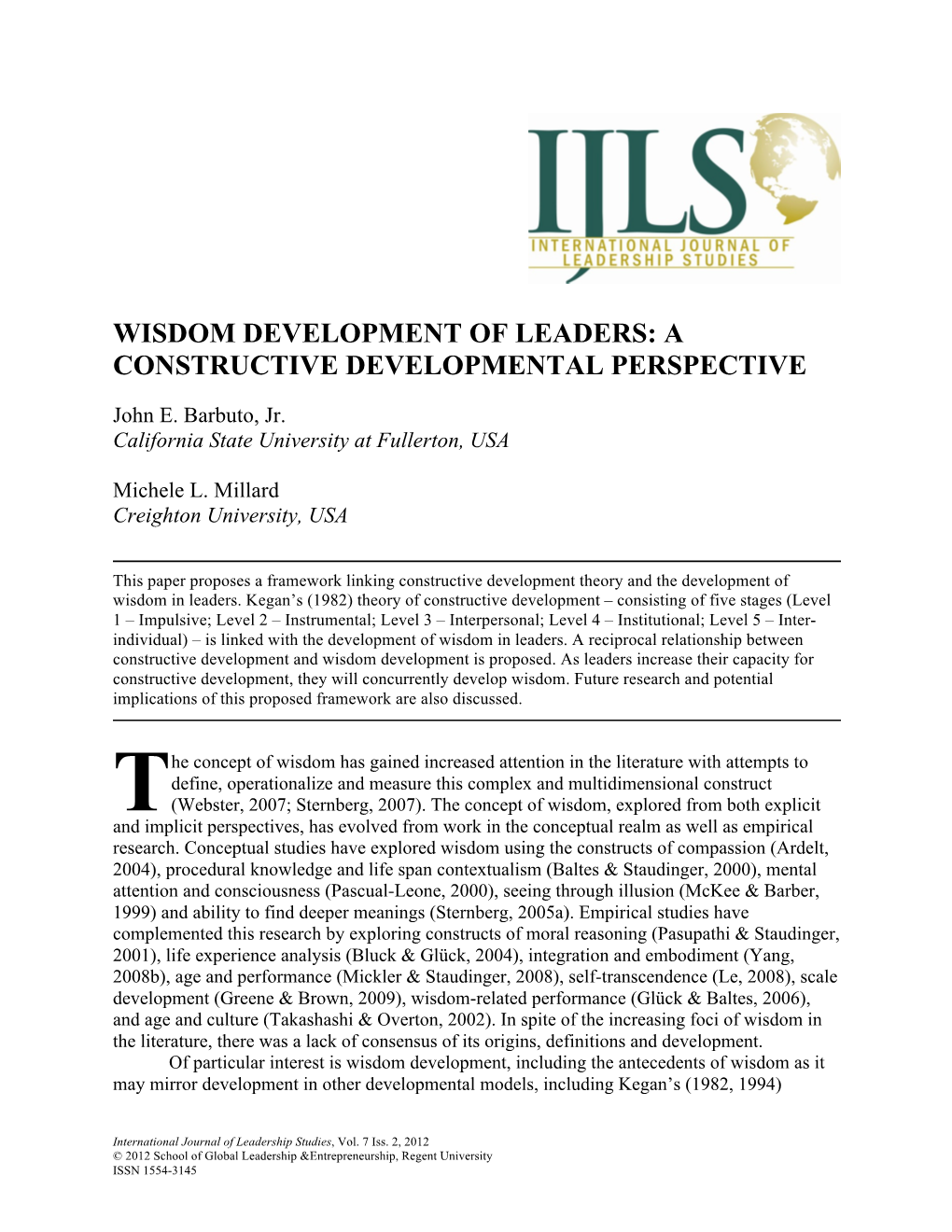 Wisdom Development of Leaders: a Constructive Developmental Perspective