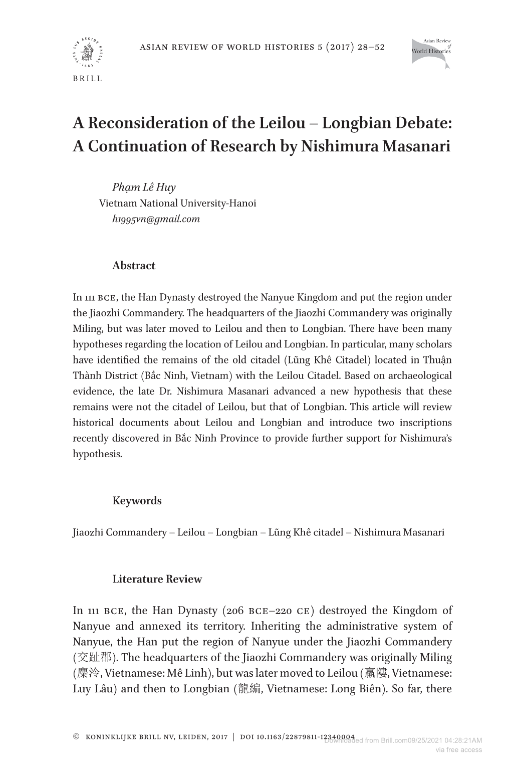 A Reconsideration of the Leilou – Longbian Debate: a Continuation of Research by Nishimura Masanari