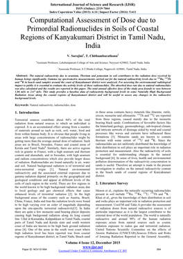 Computational Assessment of Dose Due to Primordial Radionuclides in Soils of Coastal Regions of Kanyakumari District in Tamil Nadu, India