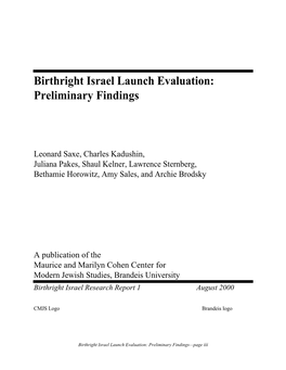 Birthright Israel Launch Evaluation: Preliminary Findings