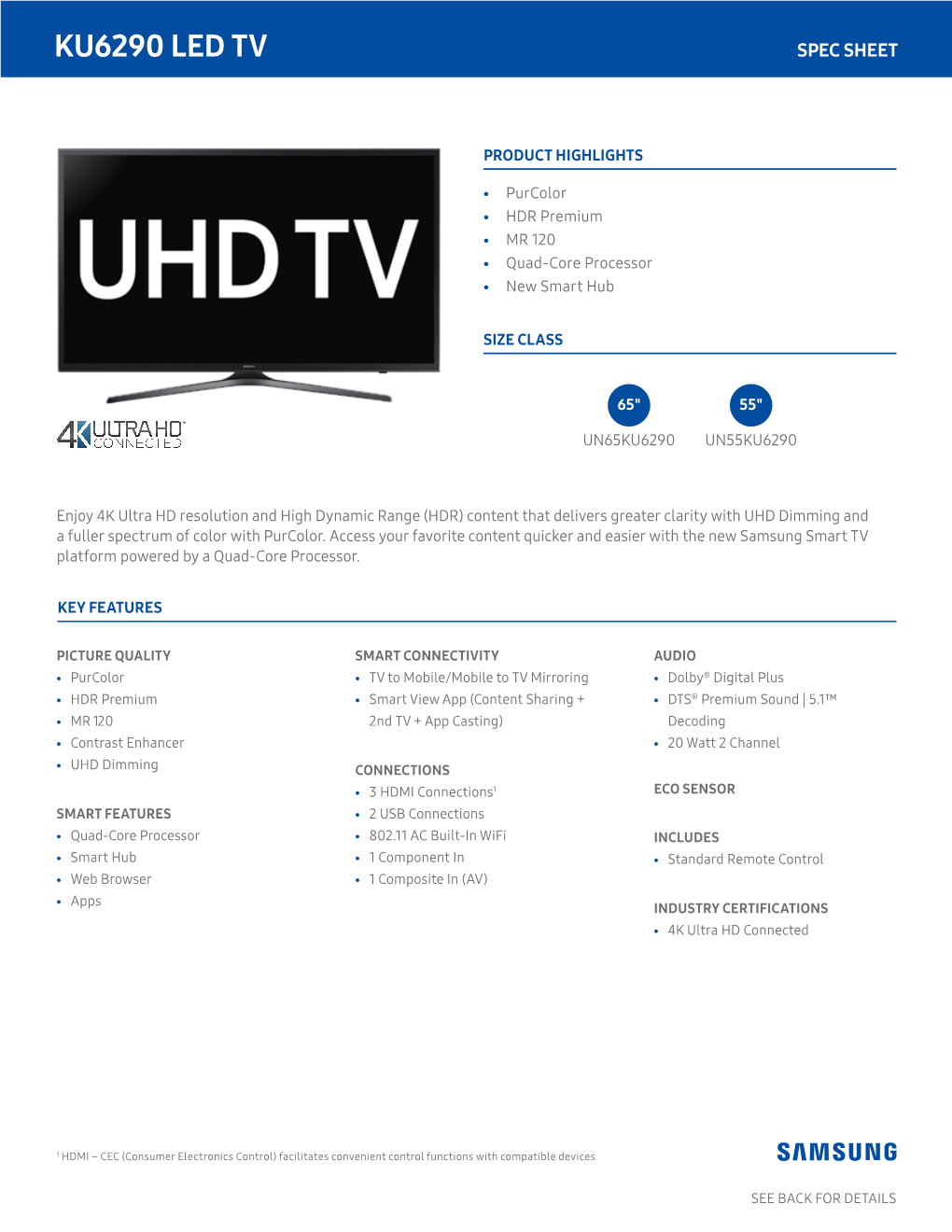 Samsung 55" 4K UHD Smart LED TV UN55KU6290 Specs