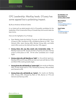 CPC Leadership: Mackay Leads. O'leary Has Some Appeal but A