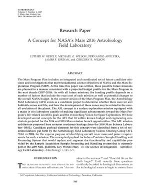 Research Paper a Concept for NASA's Mars 2016 Astrobiology