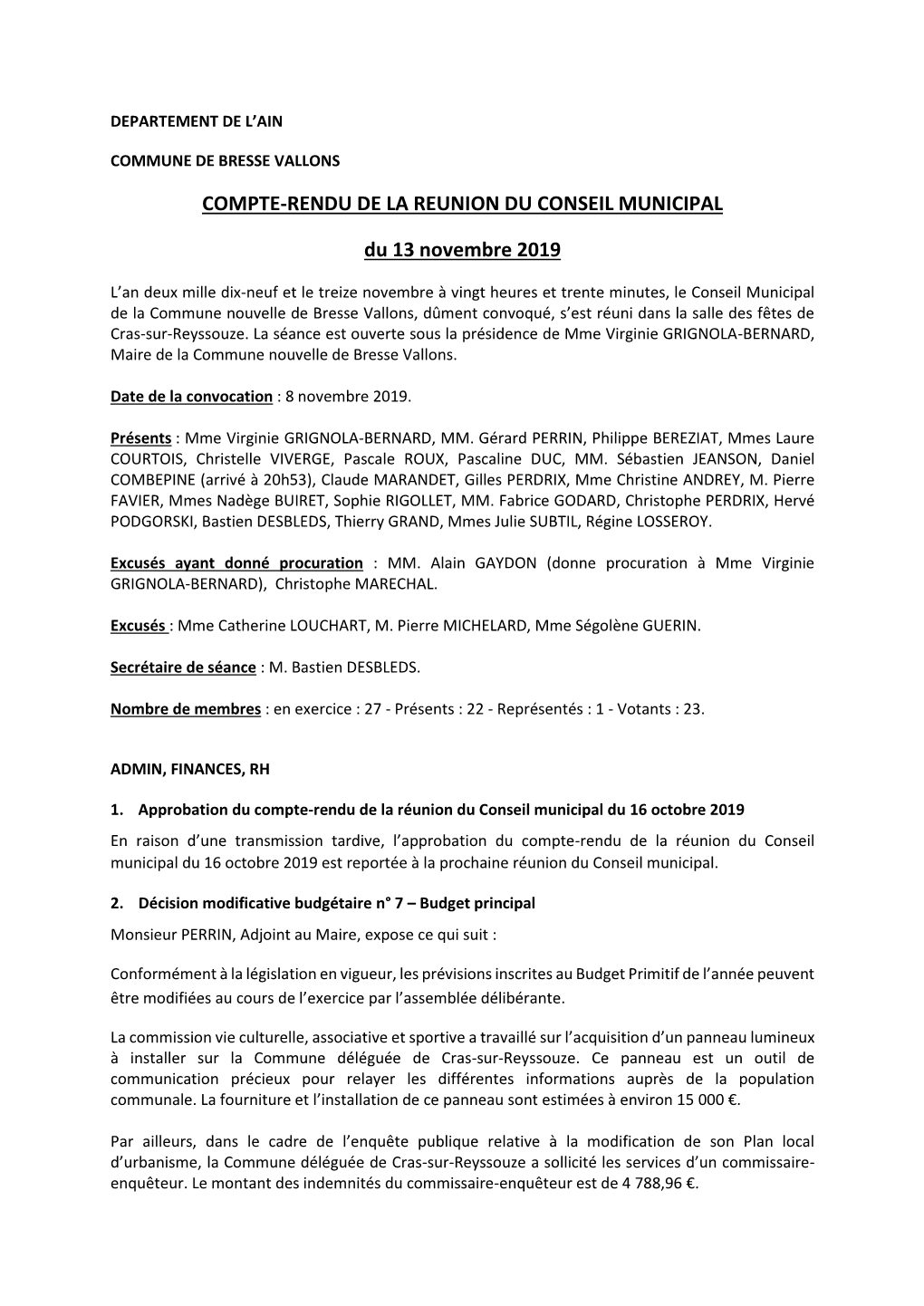 Compte-Rendu De La Reunion Du Conseil Municipal