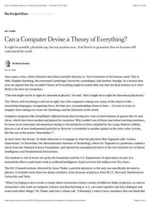 Can a Computer Devise a Theory of Everything? - the New York Times 14/01/21, 10�41
