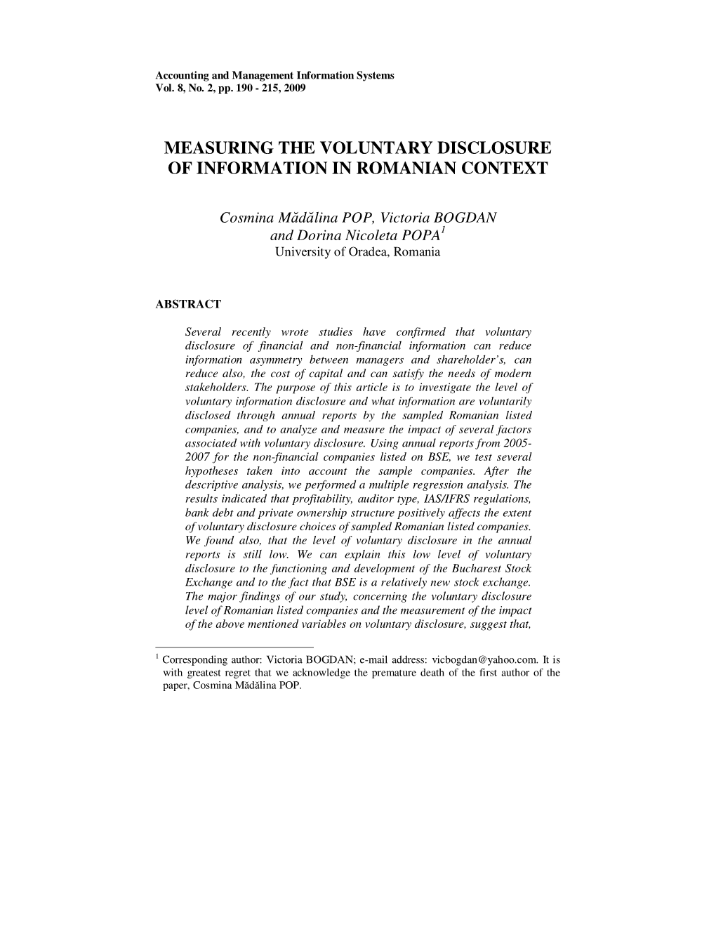 Measuring the Voluntary Disclosure of Information in Romanian Context