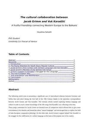 The Cultural Collaboration Between Jacob Grimm and Vuk Karadžić a Fruitful Friendship Connecting Western Europe to the Balkans