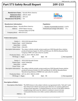 Part 573 Safety Recall Report 20V-213
