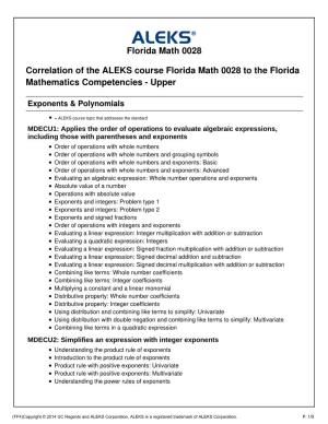 Florida Math 0028 Correlation of the ALEKS Course Florida