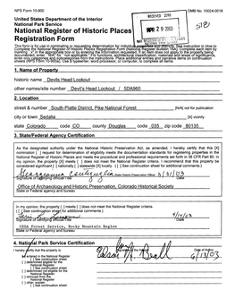 National Register of Historic Places Continuation Sheet Devils Head Lookout Section Number 1___ Page J Douglas County, CO