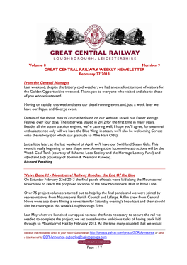 A Blank Email to GCR-Announce-Subscribe@Yahoogroups.Com Page 1 / 7 Volume 8 Number 9 GREAT CENTRAL RAILWAY WEEKLY NEWSLETTER Fe