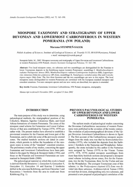 Miospore Taxonomy and Stratigraphy of Upper Devonian and Lowermost Carboniferous in Western Pomerania (Nw Poland)