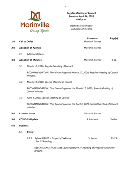 Regular Meeting of Council Tuesday, April 14, 2020 4:00 Pm Hosted Electronically Via Microsoft Teams Presenter Page(S)