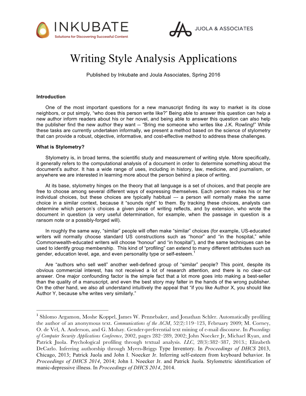 Writing Style Analysis Applications