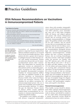 IDSA Releases Recommendations on Vaccinations in Immunocompromised Patients
