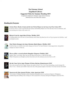 The Potomac School Engelhard Library Suggested Titles for Summer Reading 2019 Compiled by Stephanie H