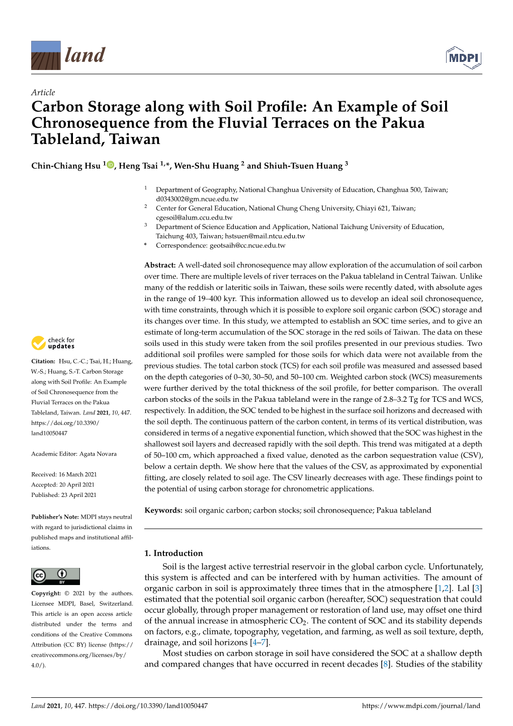 Carbon Storage Along with Soil Profile: an Example of Soil Chronosequence from the Fluvial Terraces on the Pakua Tableland, Taiw