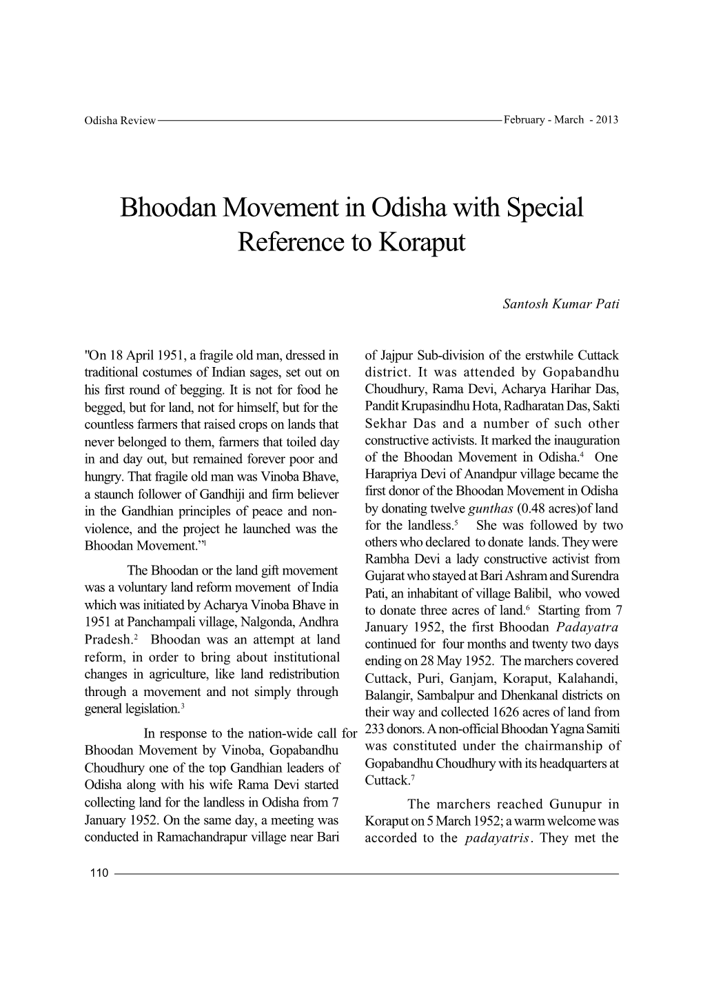 Bhoodan Movement in Odisha with Special Reference to Koraput