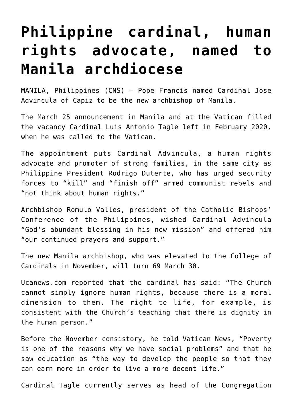 Philippine Cardinal, Human Rights Advocate, Named to Manila Archdiocese