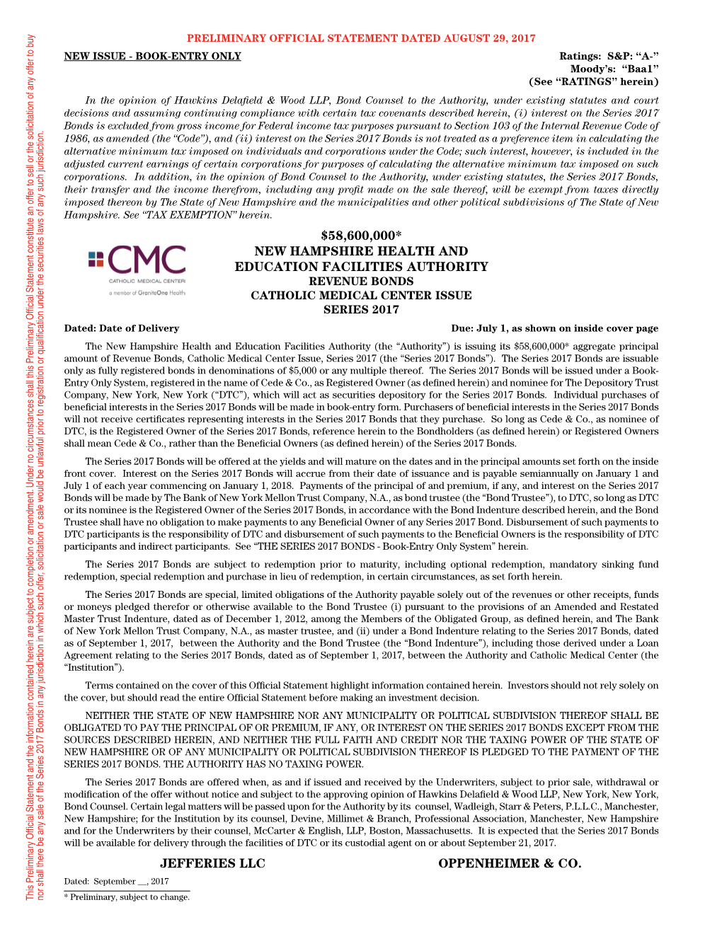 New Hampshire Health and Education Facilities Authority Revenue Bonds, Catholic Medical Center Issue, Series 2017