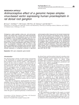 Antinociceptive Effect of a Genomic Herpes Simplex Virus-Based Vector Expressing Human Proenkephalin in Rat Dorsal Root Ganglion
