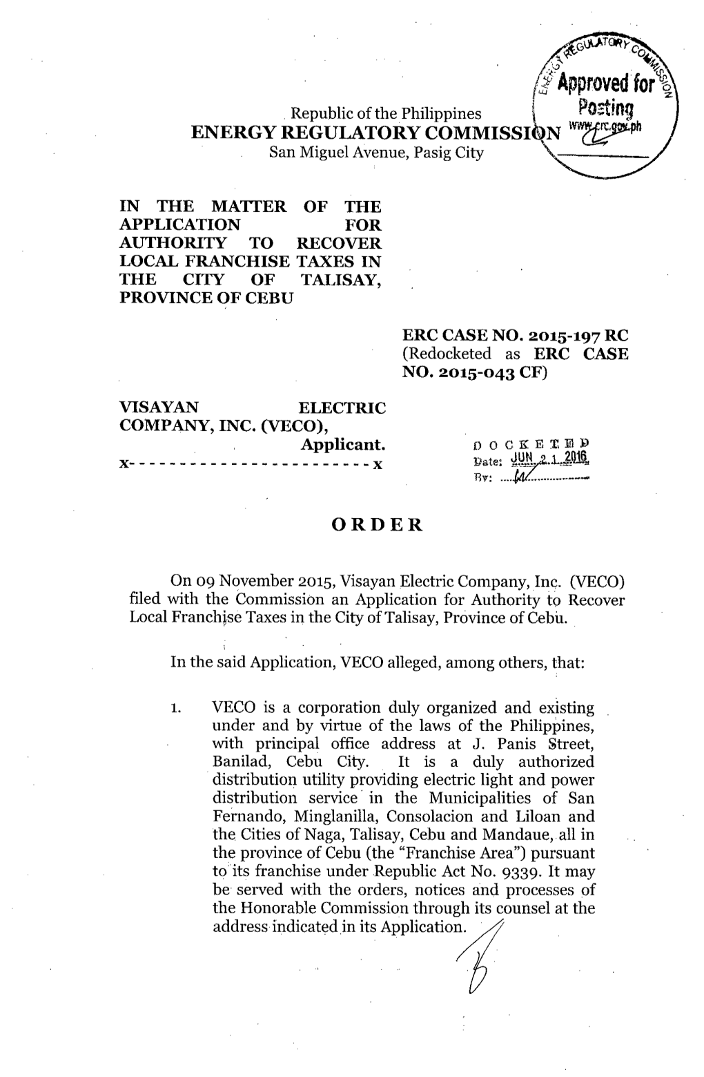 Order, ERC Case No. 2015-043 CF