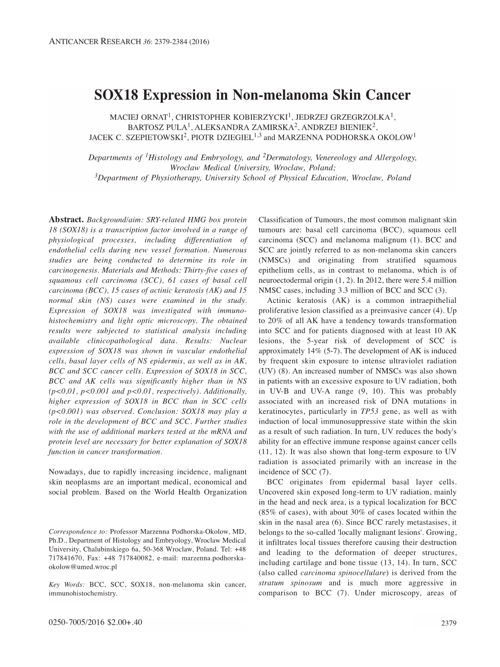 SOX18 Expression in Non-Melanoma Skin Cancer