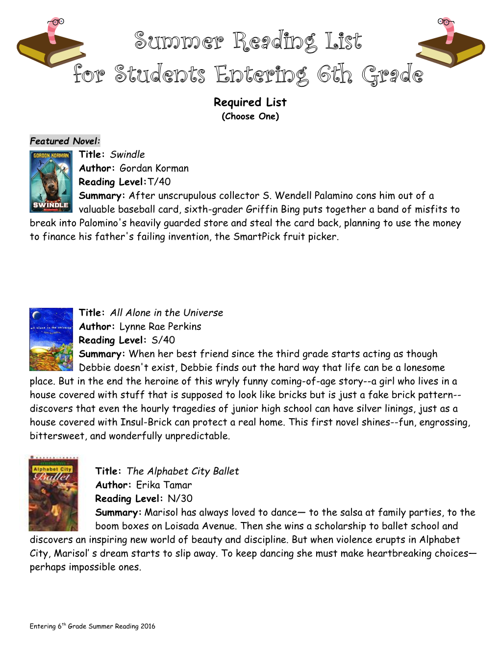 6Th Grade READING LEVEL BOOK LIST