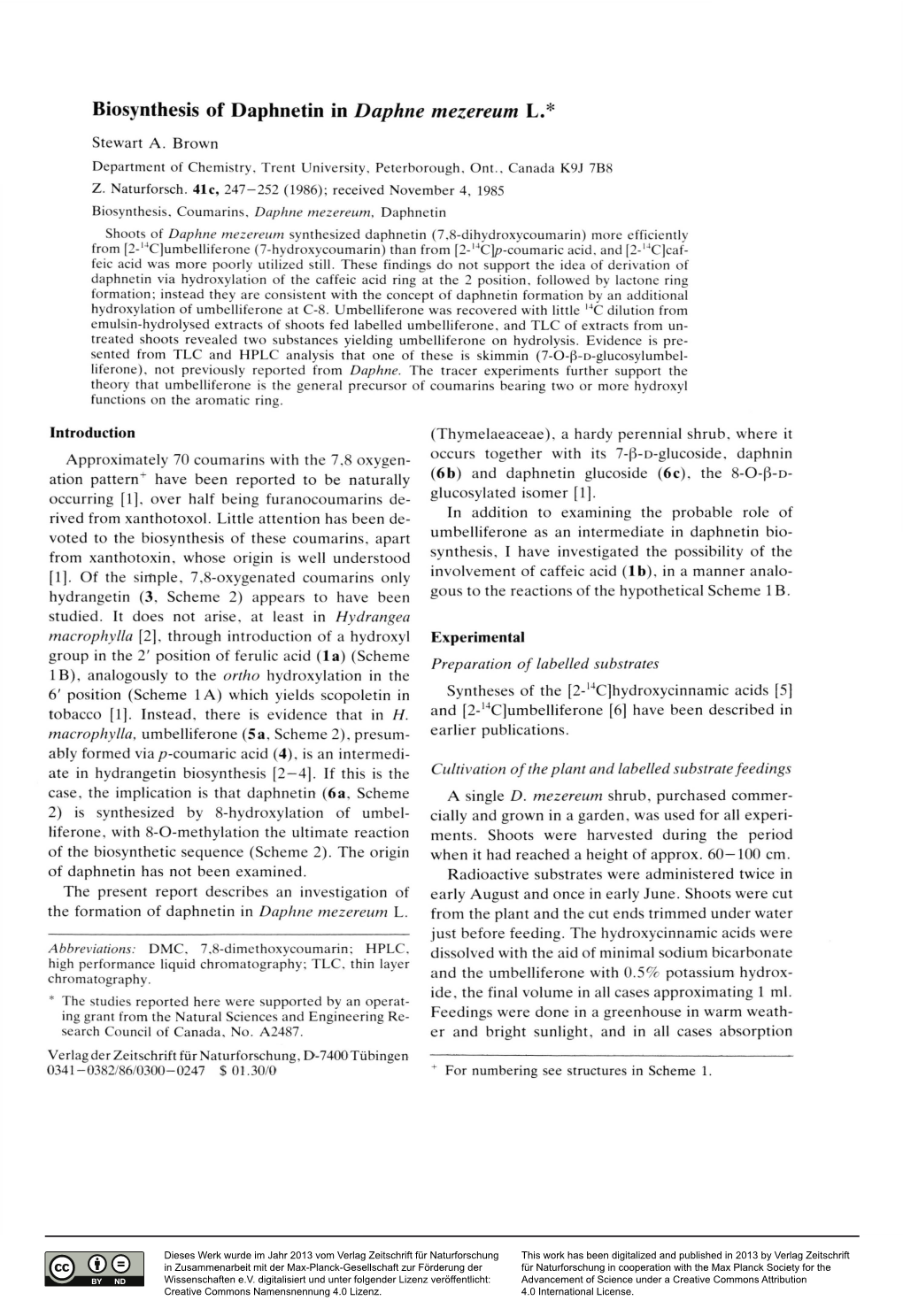 Biosynthesis of Daphnetin in Daphne Mezereum L.*