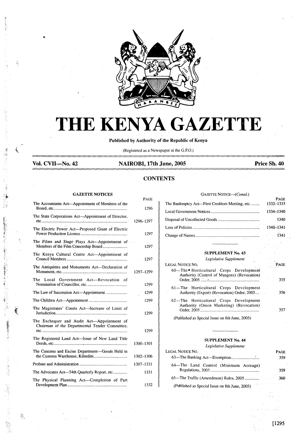 THE KENYA GAZETTE Published by Authority of the Republic of Kenya .R, (Registered As a Newspaper at the G.P.O.)