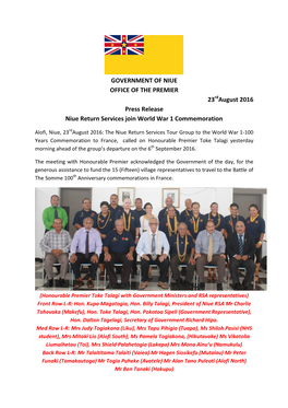 GOVERNMENT of NIUE OFFICE of the PREMIER 23 August 2016