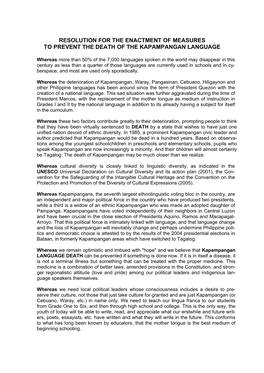 Resolution to Prevent Death of Kapampangan Langauge