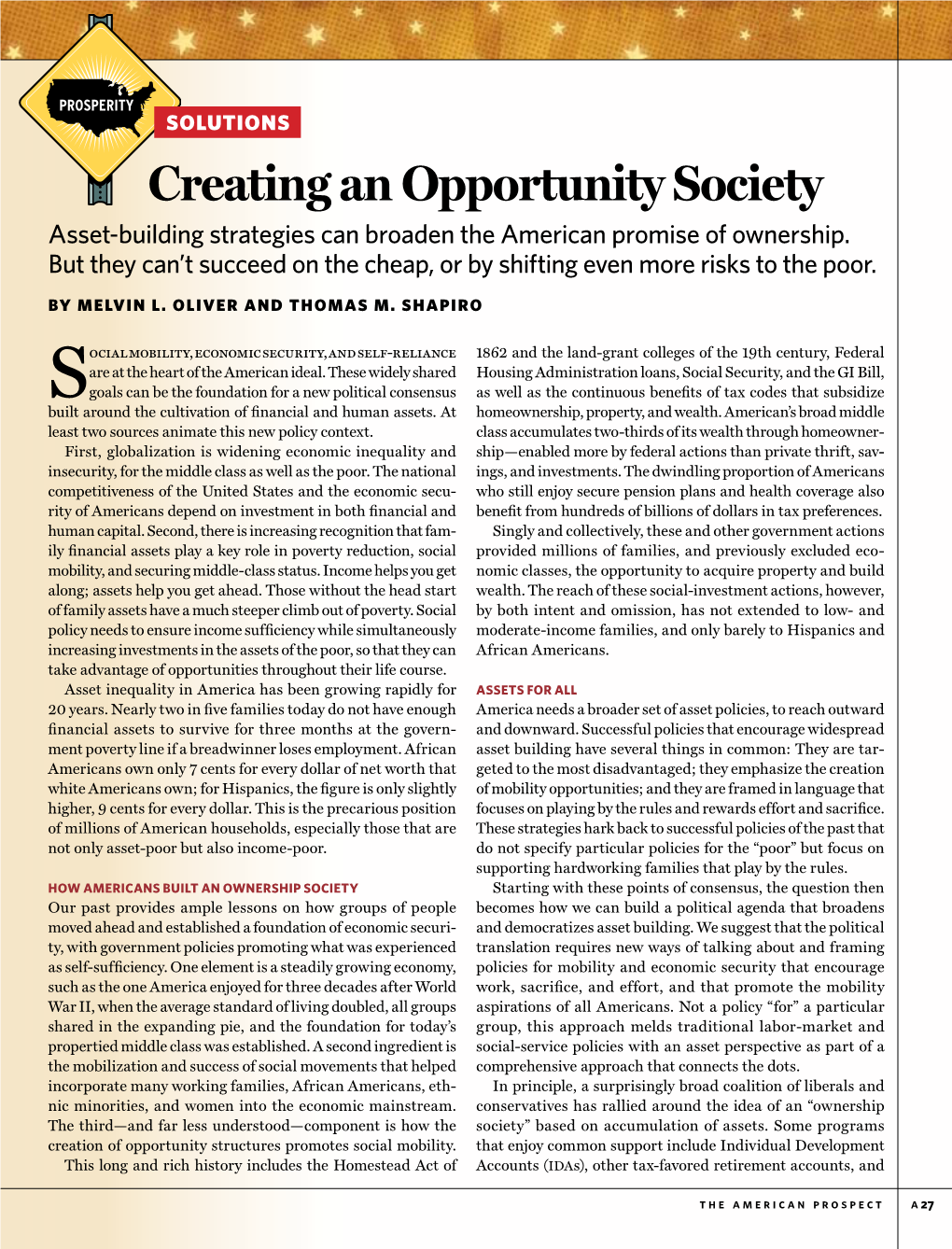 Creating an Opportunity Society Asset-Building Strategies Can Broaden the American Promise of Ownership