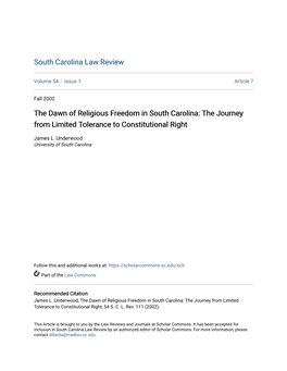 The Dawn of Religious Freedom in South Carolina: the Journey from Limited Tolerance to Constitutional Right