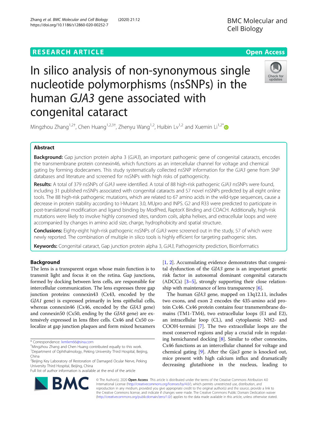 In Silico Analysis of Non-Synonymous Single Nucleotide Polymorphisms (Nssnps) in the Human GJA3 Gene Associated with Congenital