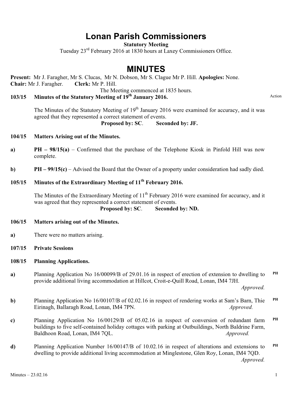 Lonan Parish Commissioners MINUTES