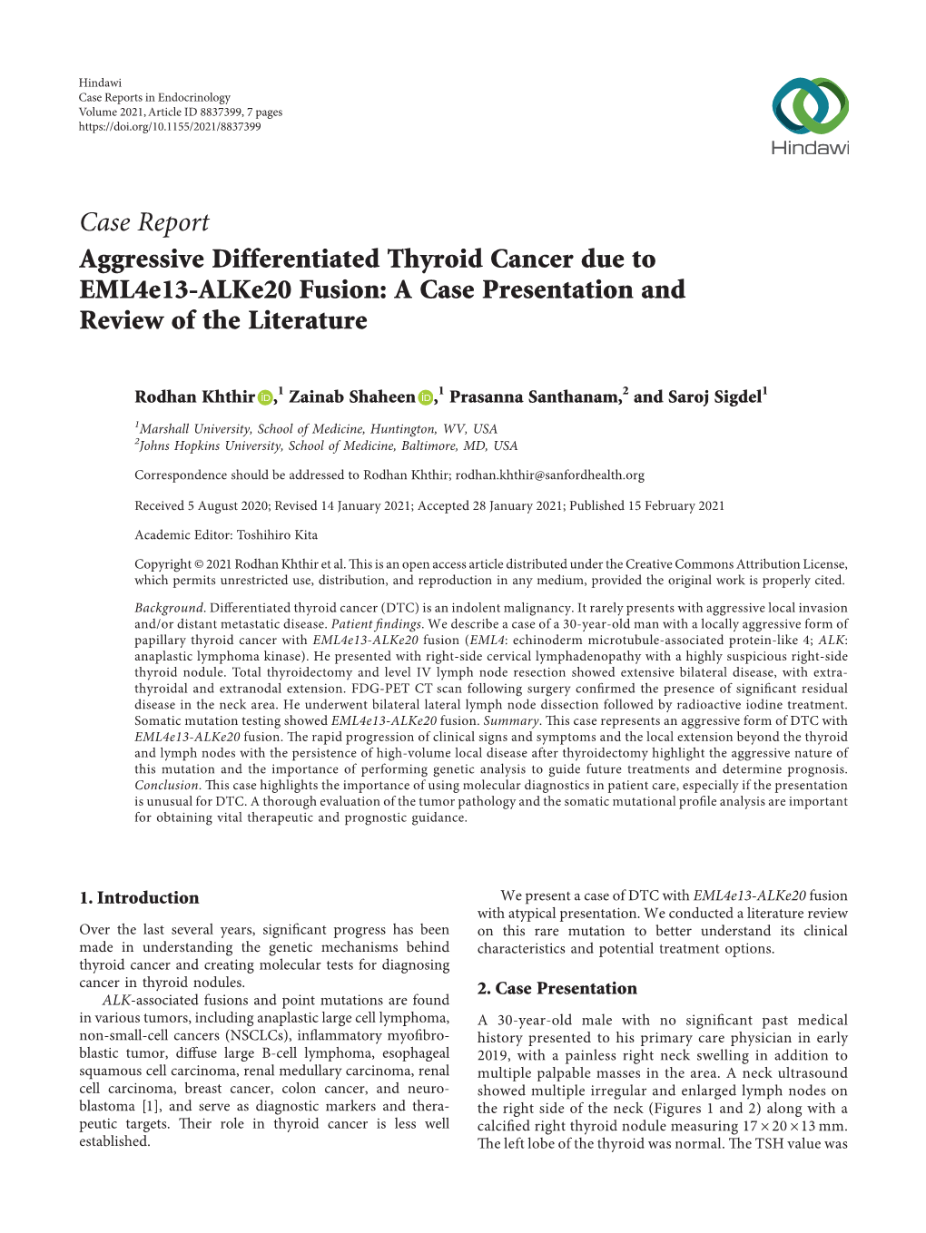 Aggressive Differentiated Thyroid Cancer Due to Eml4e13-Alke20 Fusion: a Case Presentation and Review of the Literature