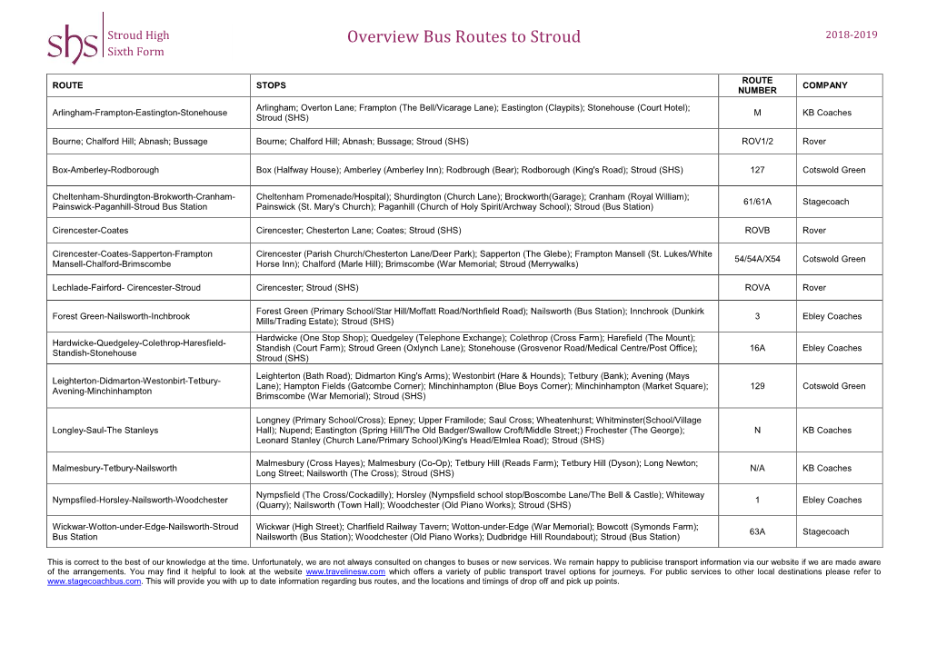 Overview Bus Routes to Stroud 2018-2019 Sixth Form