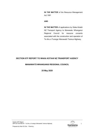 Section 87F Report to Waka Kotahi Nz Transport Agency