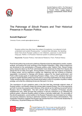 The Patronage of Silovik Powers and Their Historical Presence in Russian Politics, London School of Economics Undergraduate Political Review, 4(1), 5-12